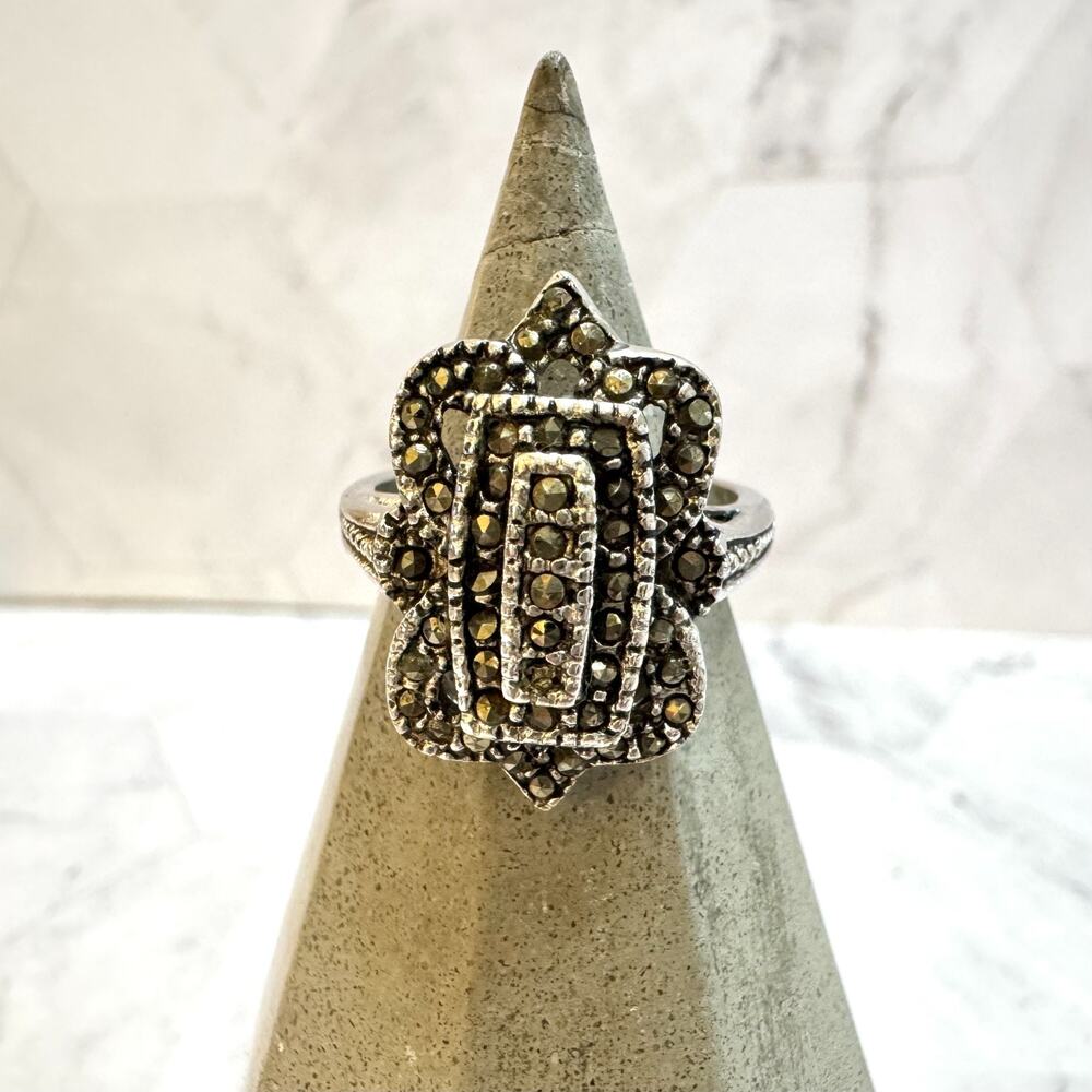 Sterling Silver Ring 18k Electroplate White Gold Marcasite Sz 8 Victorian Style